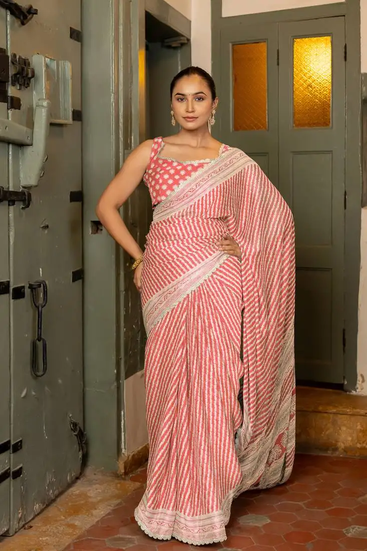 Dark peach chiffon stripes leheriya print zari work lace border saree with unstiched blouse piece