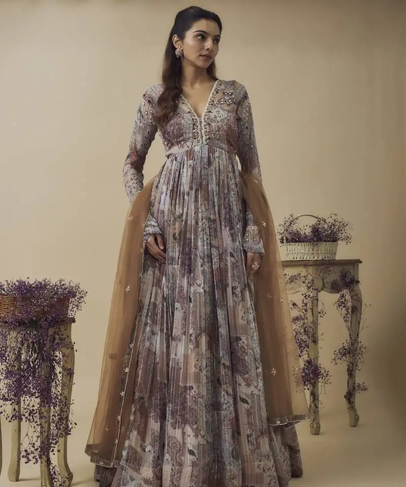 Printed lurex chiffon hand embroidered gown along with embroidered net dupatta