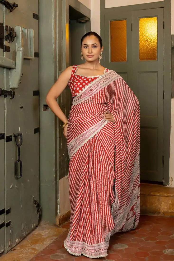 Red chiffon stripes leheriya print zari work lace border saree with unstiched blouse piece