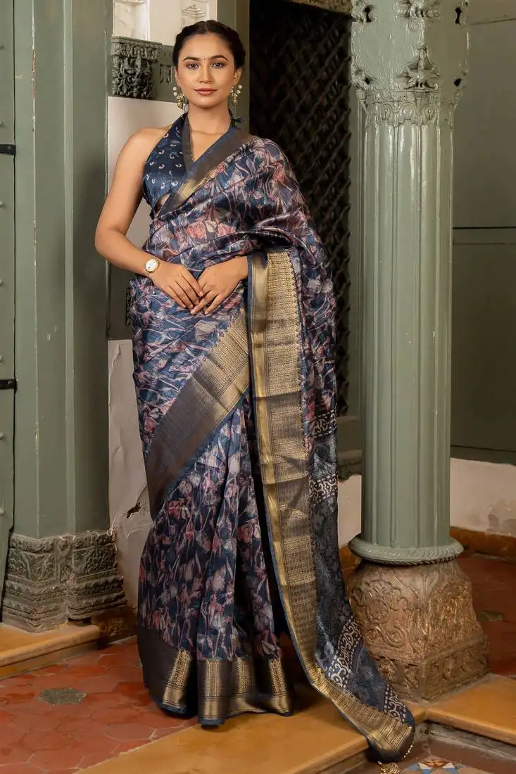 Navy blue art silk floral batik print golden zari tassels saree with unstiched blouse piece