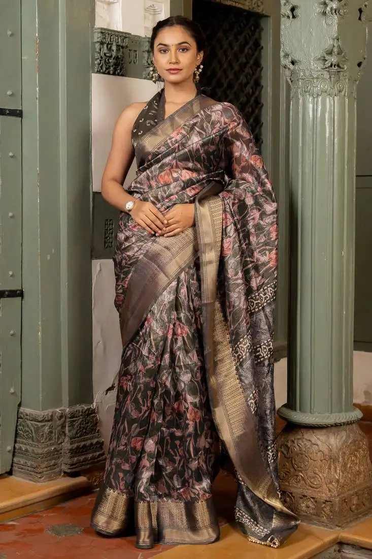 Brown art silk floral batik print golden zari saree with unstiched blouse piece