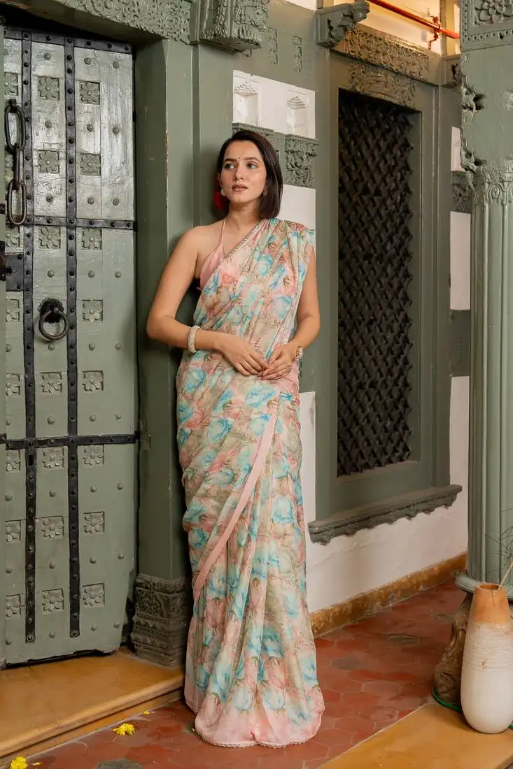 Light peach chiffon floral print lace border saree with unstiched blouse piece