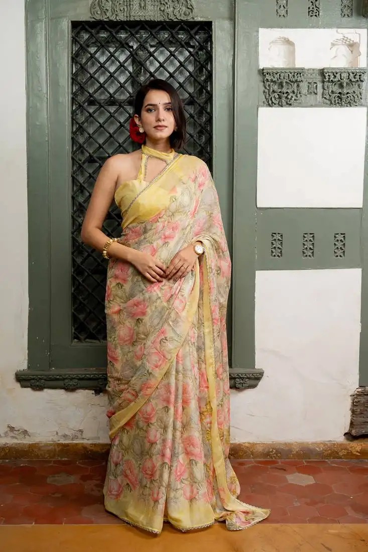 Light yellow chiffon floral print lace border saree with unstiched blouse piece