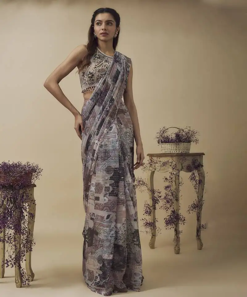 Printed lurex chiffon ready to wear saree along with hand embroidered blouse