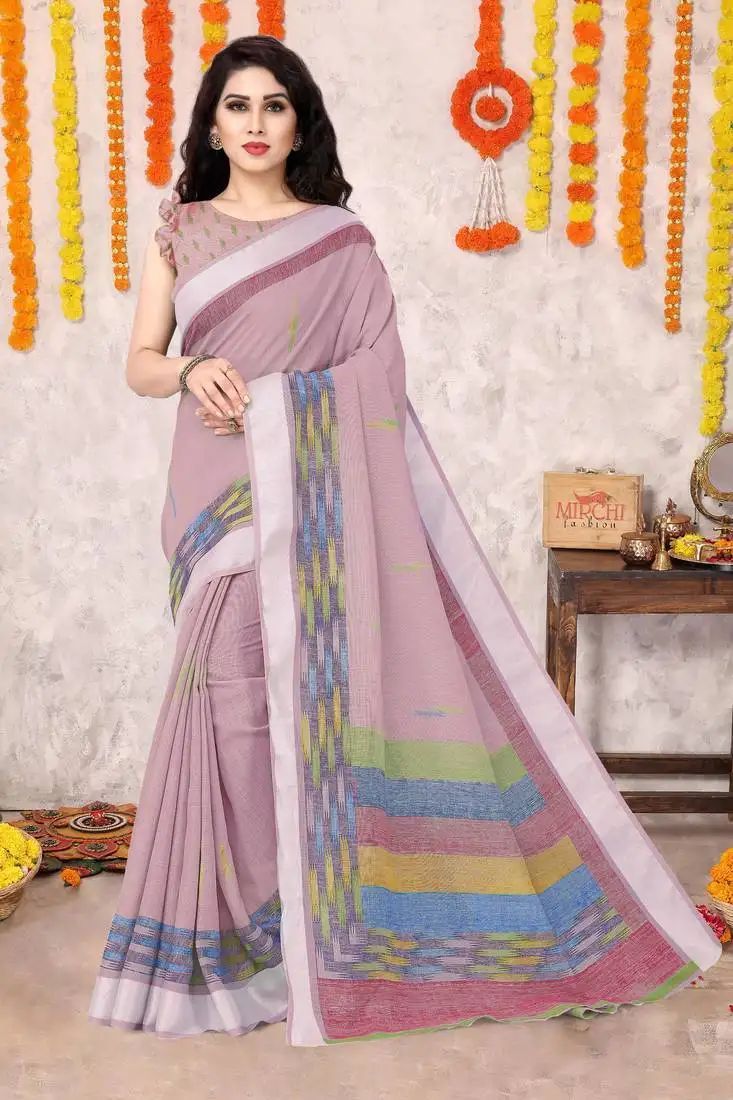 Dusty pink cotton blend block print zari border saree with unstiched blouse piece
