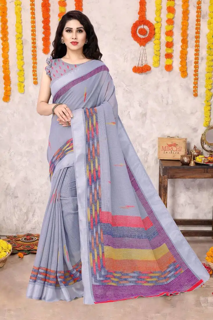 Light lavender cotton blend block print zari border saree with unstiched blouse piece