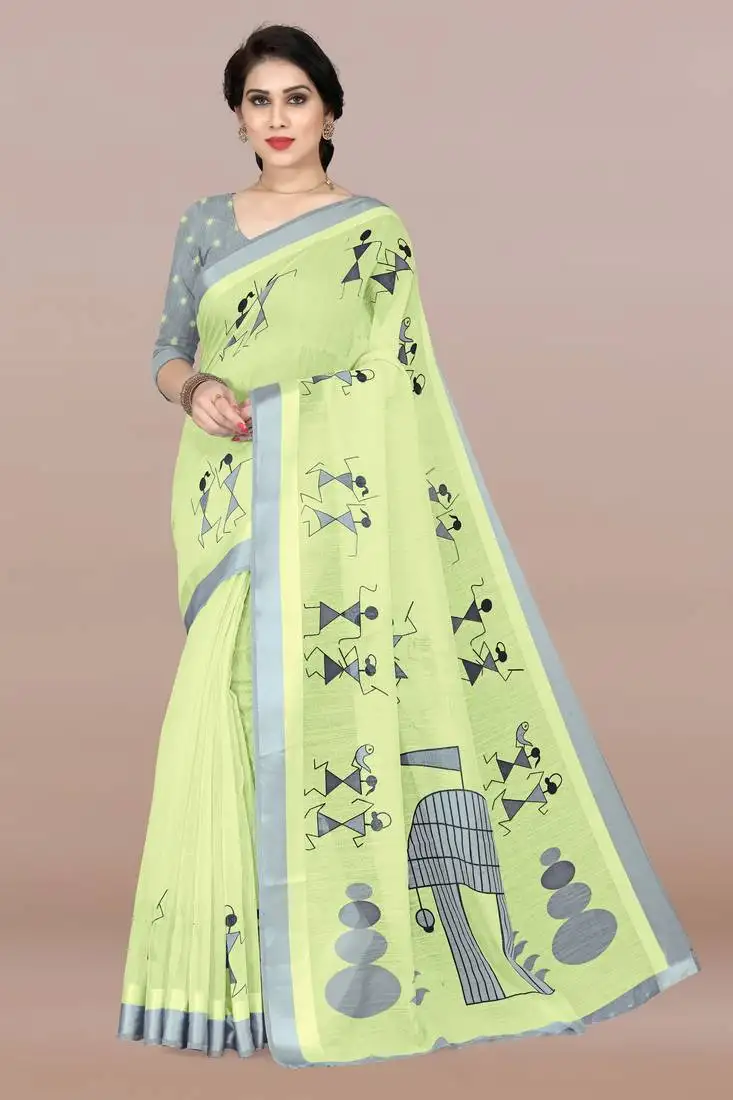 Light lime green cotton blend warli block print satin border saree with unstiched blouse piece