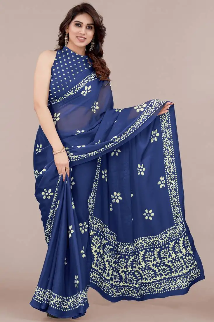 Blue chiffon batik block print saree with unstiched blouse piece