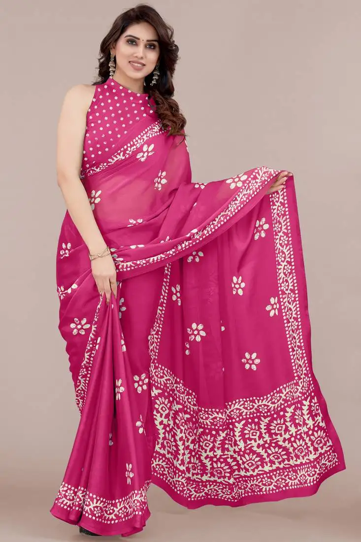 Dark pink chiffon batik block print saree with unstiched blouse piece