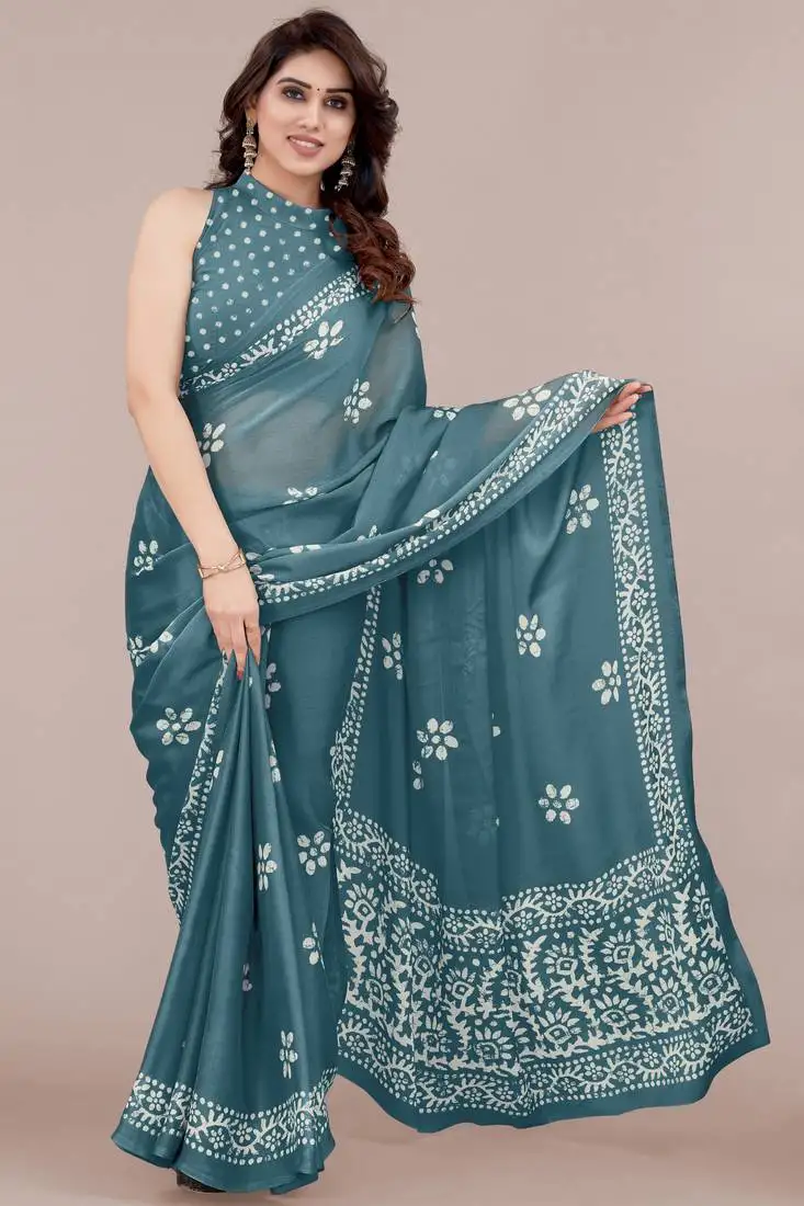 Dark dusty turquoise chiffon batik block print saree with unstiched blouse piece