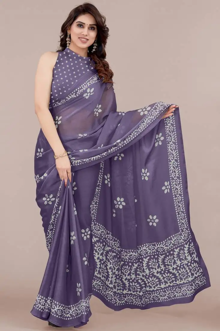 Dark dusty purple chiffon batik block print saree piese with unstiched blouse piece