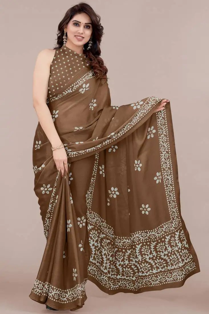 Brown chiffon batik block print saree with unstiched blouse piece