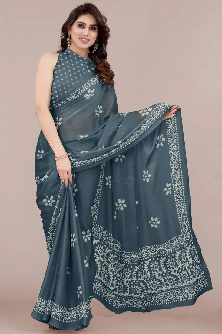 Dark greyish blue chiffon batik block print saree with unstiched blouse piece