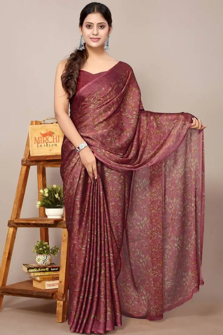 Maroon chiffon floral print leaf print saree with unstiched blouse piece