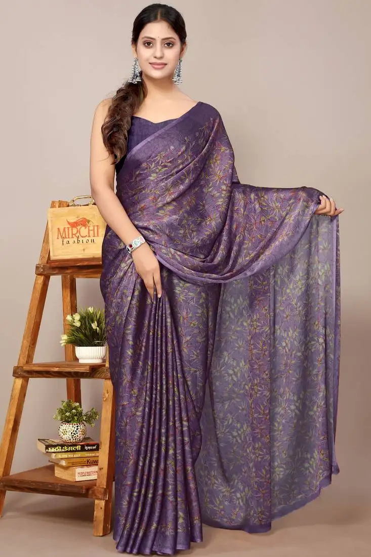 Dark lavender chiffon floral print leaf print saree with unstiched blouse piece