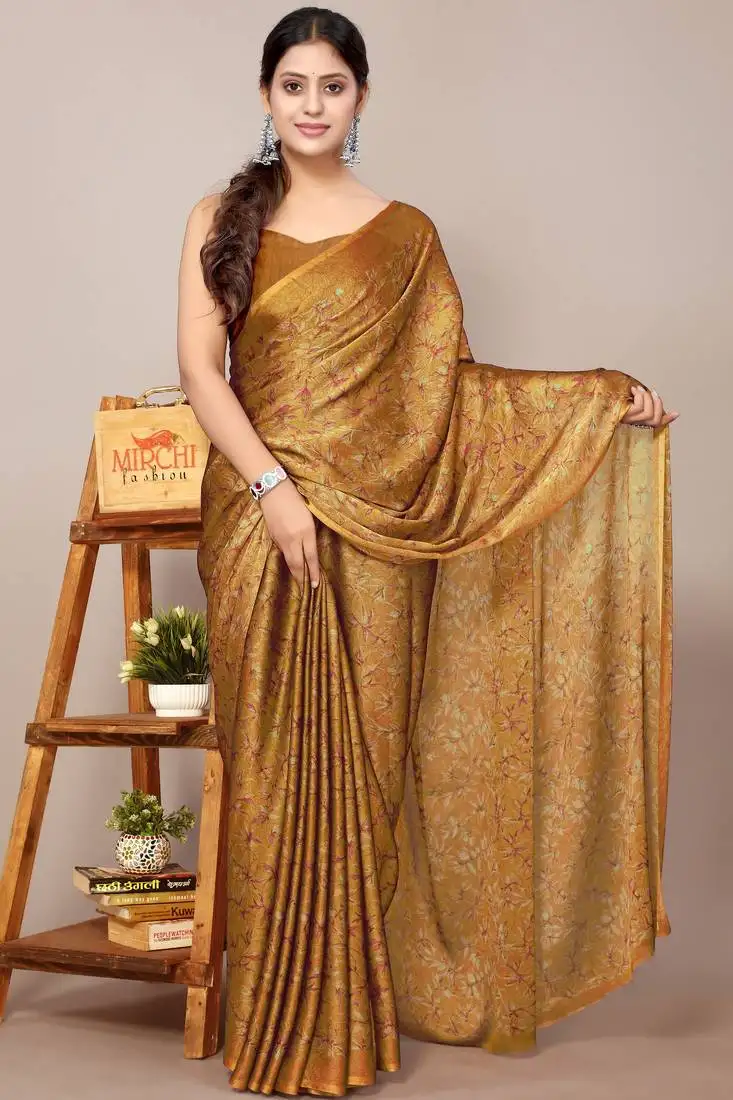 Mustard chiffon floral print leaf print saree with unstiched blouse piece