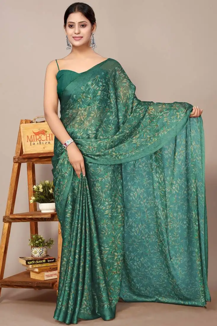 Teal green chiffon floral print leaf print saree with unstiched blouse piece