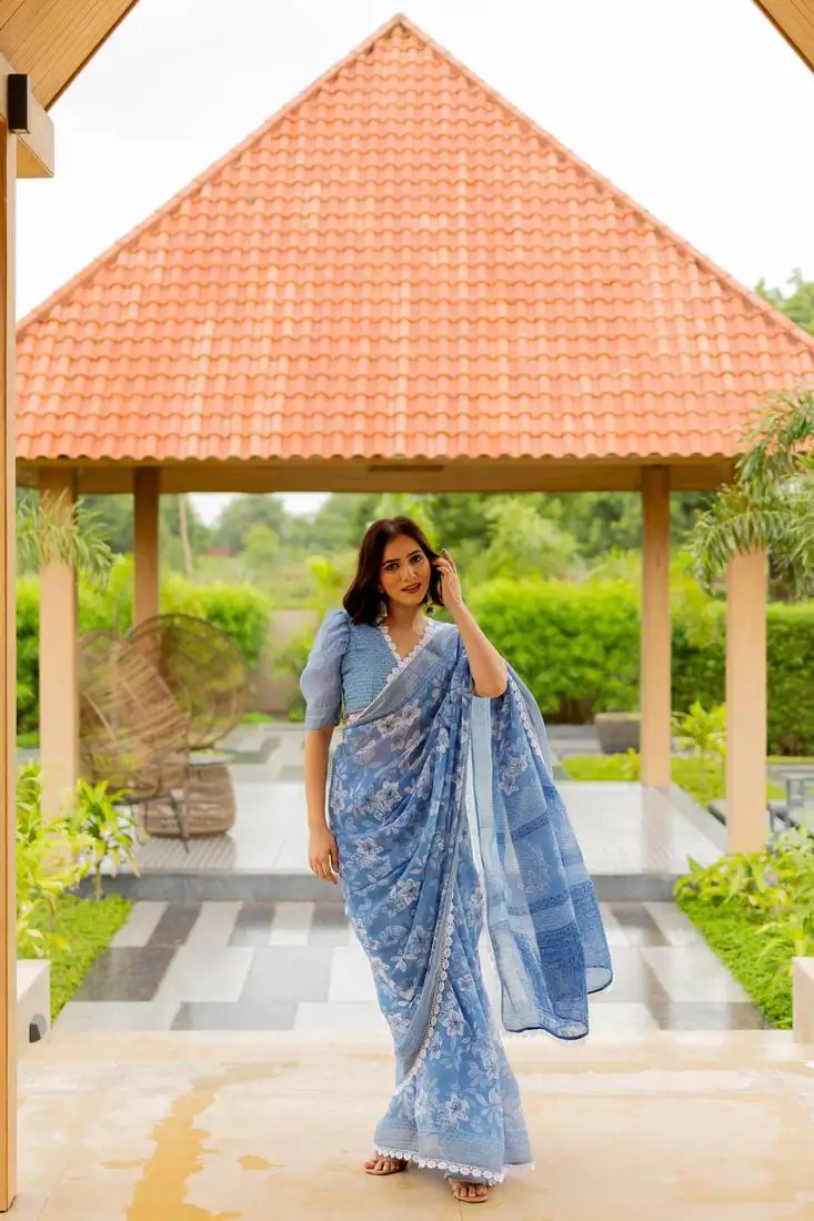 Dusty blue cotton blend floral print crochet lace saree with unstiched blouse piece