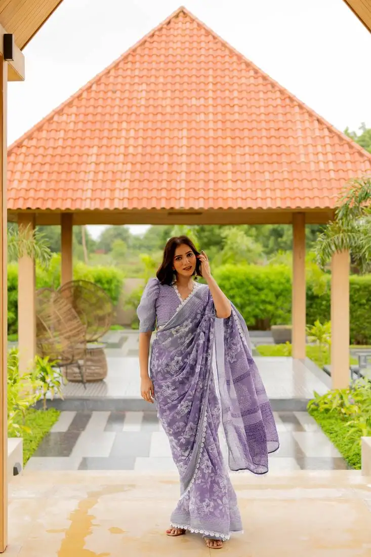 Dusty lavender cotton blend floral print crochet lace saree with unstiched blouse piece