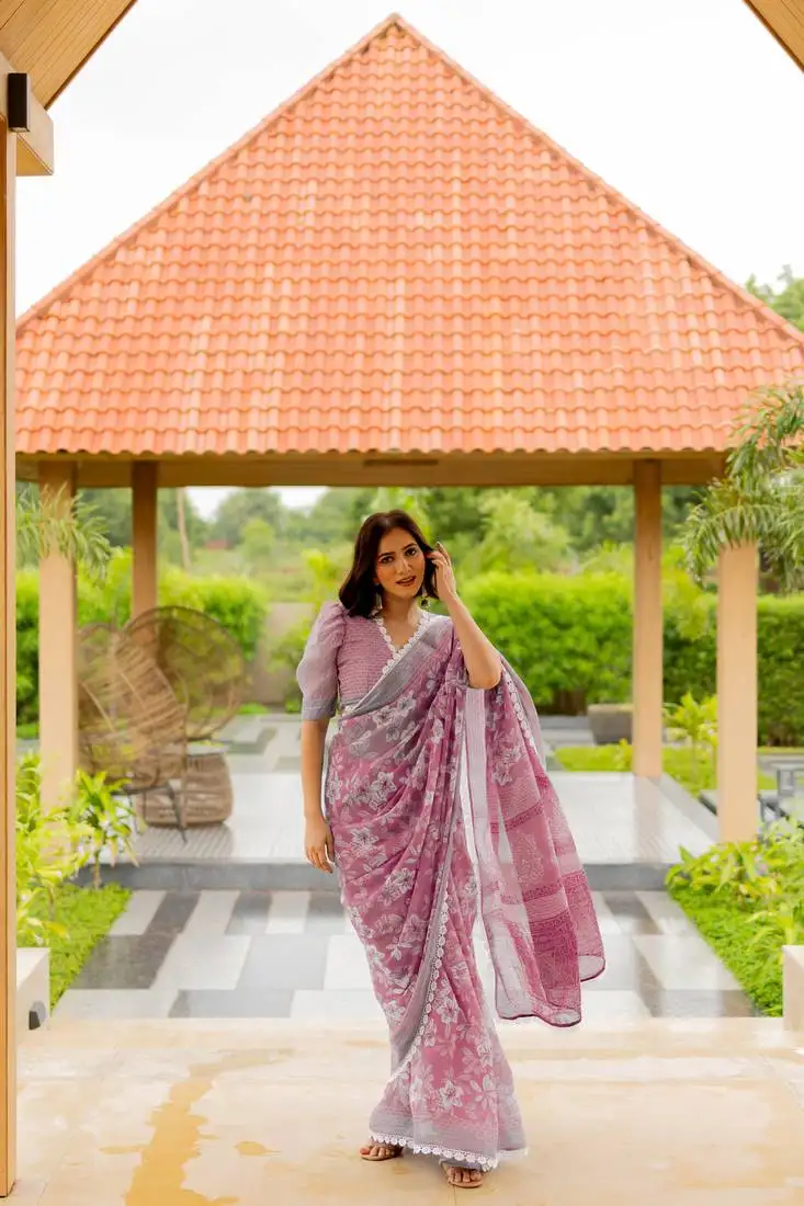 Light pink cotton blend floral print crochet lace saree with unstiched blouse piece