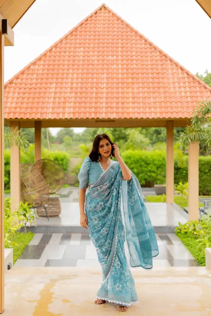 Dusty turquoise cotton blend floral print crochet lace saree with unstiched blouse piece