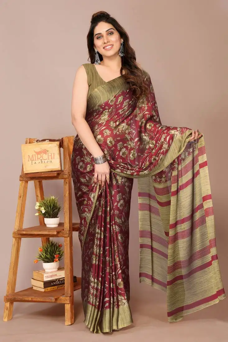 Maroon chiffon floral print stripes print saree with unstiched blouse piece