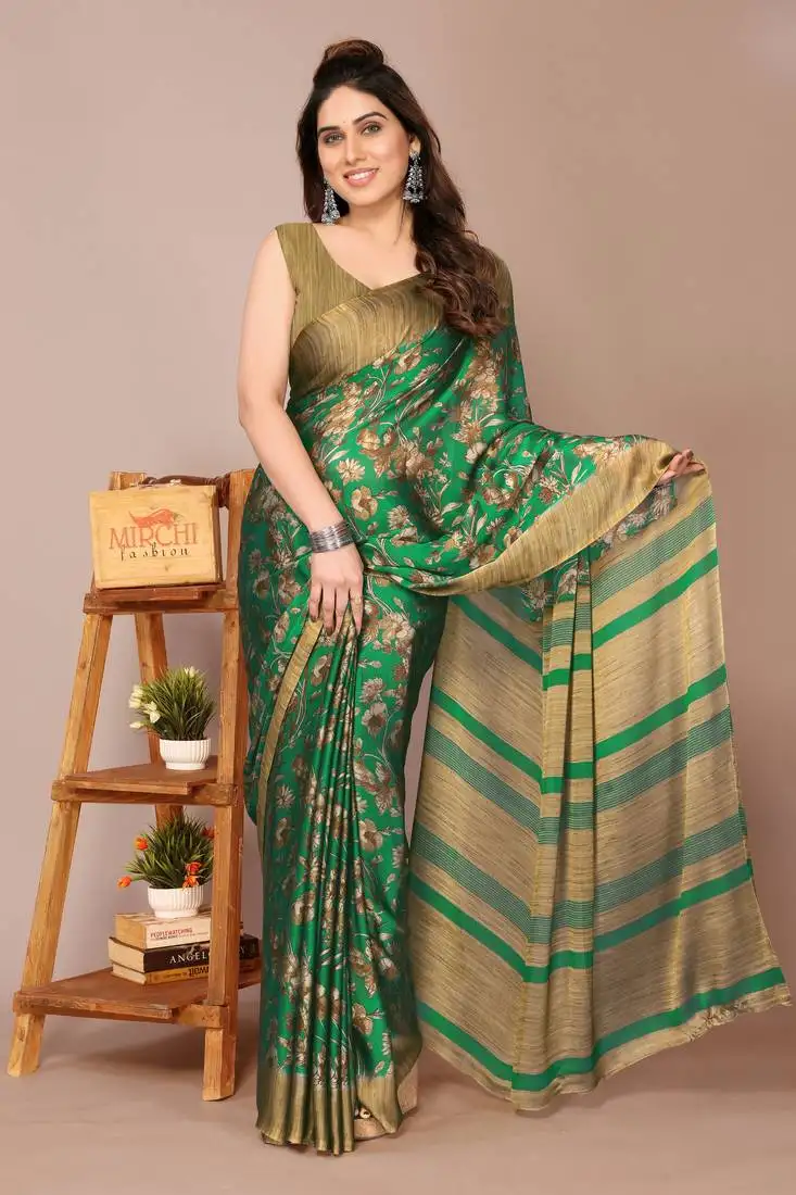 Green chiffon floral print stripes print saree with unstiched blouse piece