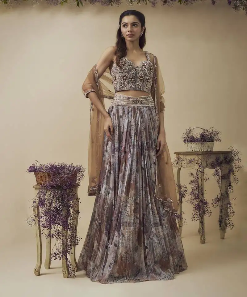 Printed lurex chiffon hand embroidered corset along with gathered lehenga set
