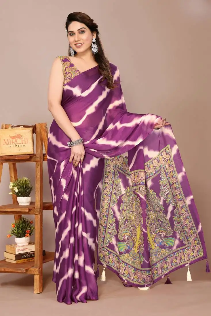 Magenta chiffon leheriya madhubani print tassels saree with unstiched blouse piece