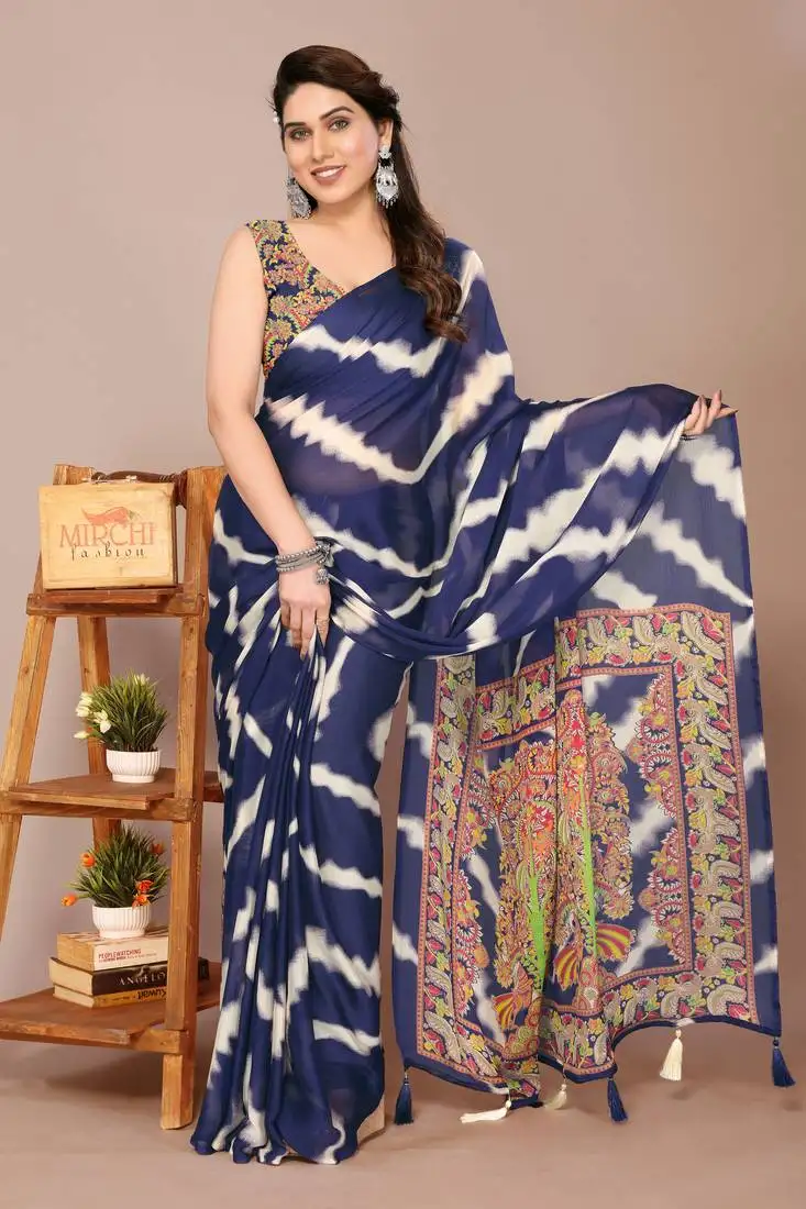 Navy blue chiffon leheriya madhubani print tassels saree with unstiched blouse piece