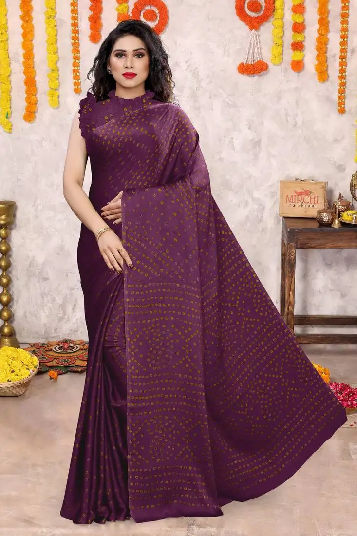 Wine chiffon bandhani block print saree with unstiched blouse piece