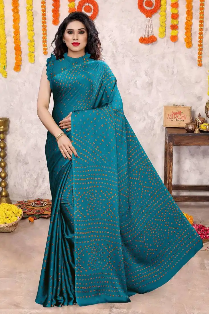 Dark turquoise chiffon bandhani block print saree with unstiched blouse piece