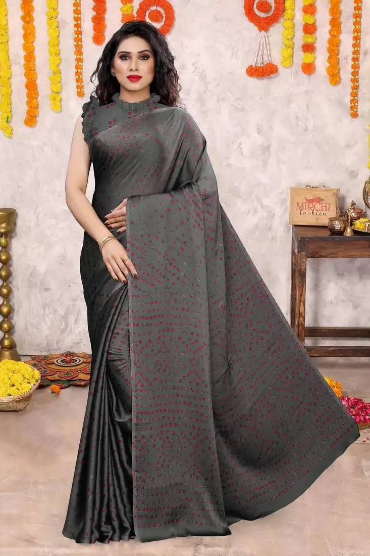 Dark grey chiffon bandhani block print saree with unstiched blouse piece
