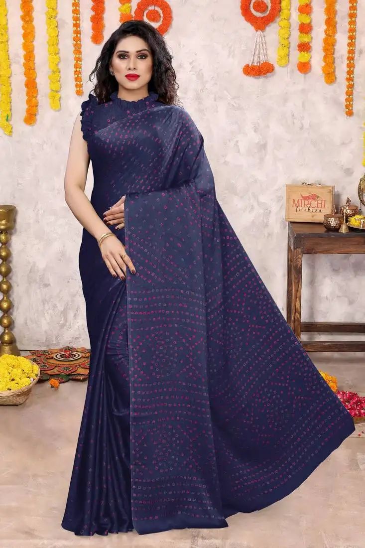 Dark blue chiffon bandhani block print saree with unstiched blouse piece