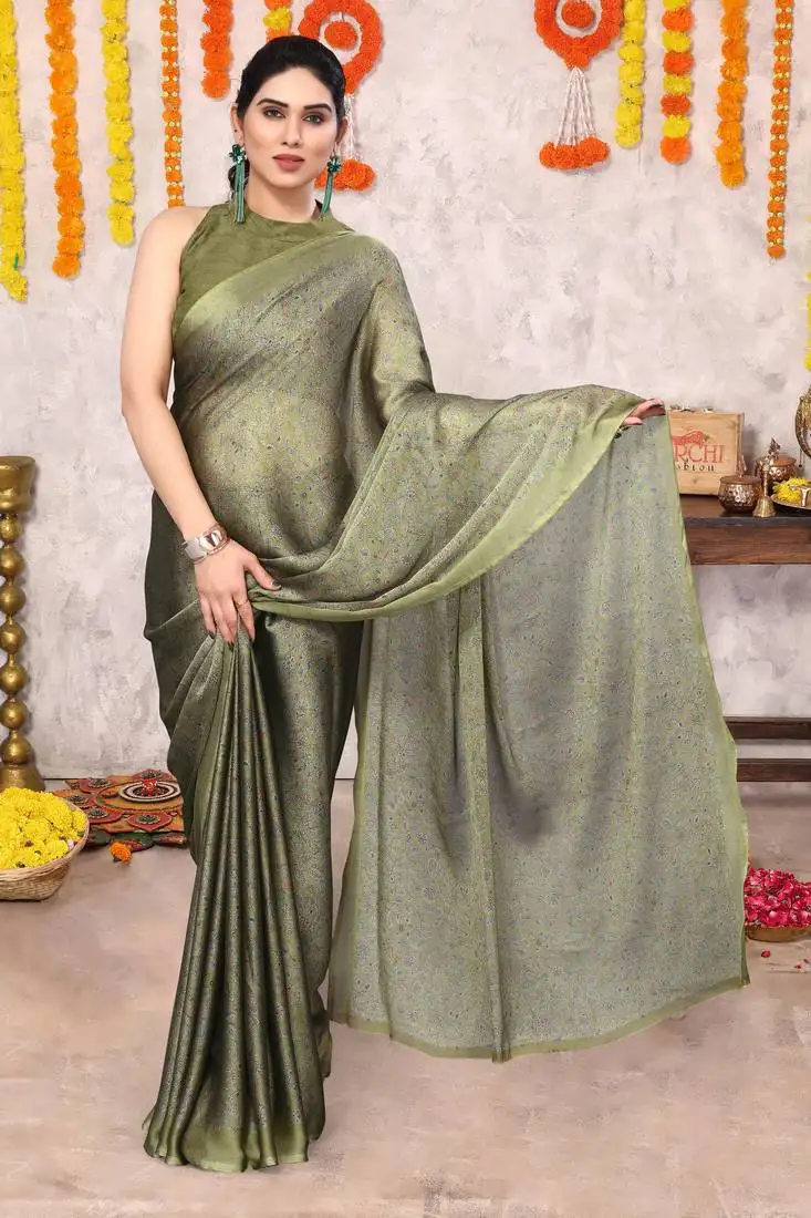 Olive green chiffon floral botanical print printed saree with unstiched blouse piece