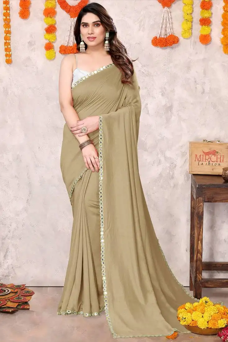 Dusty gold silk blend plain plastic mirror work border saree with unstiched blouse piece