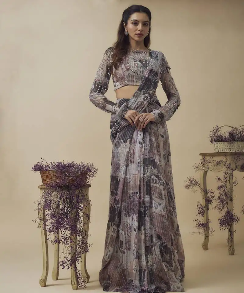 Printed lurex chiffon ready to wear hand embroidered saree with hand embroidered blouse