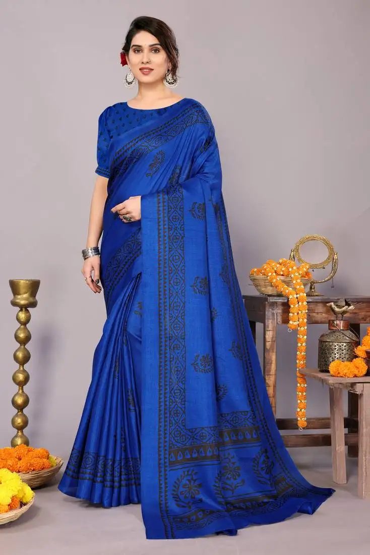 Blue art silk block print saree with unstiched blouse piece