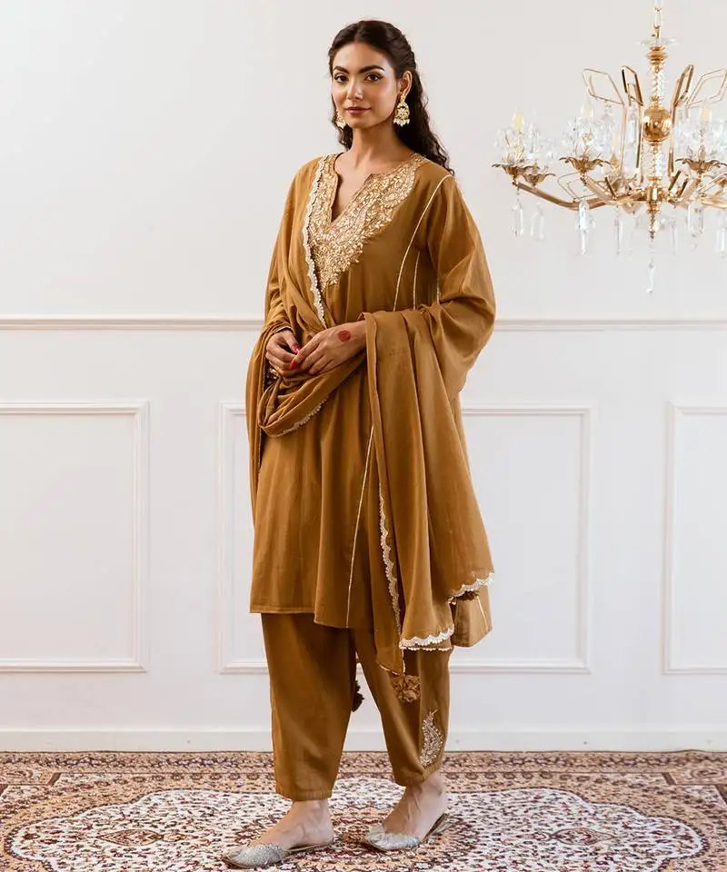 Brown anti fit anarkali suit set