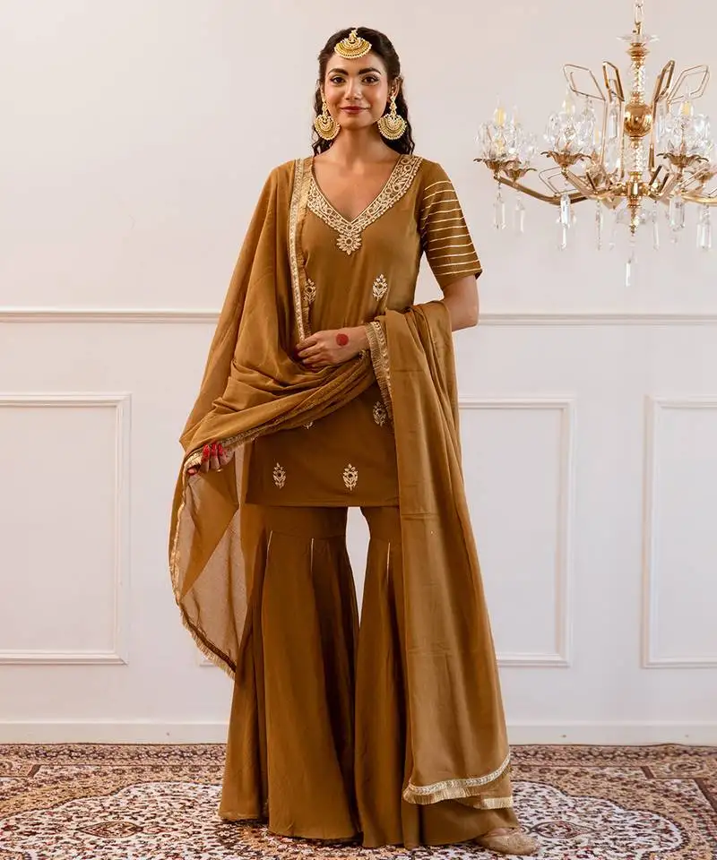 Brown kurta with sharara suit set