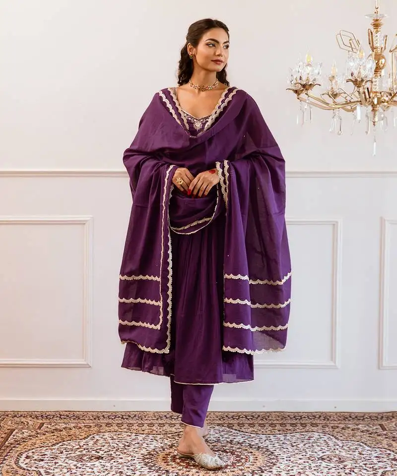 Purple strappy anarkali suit set