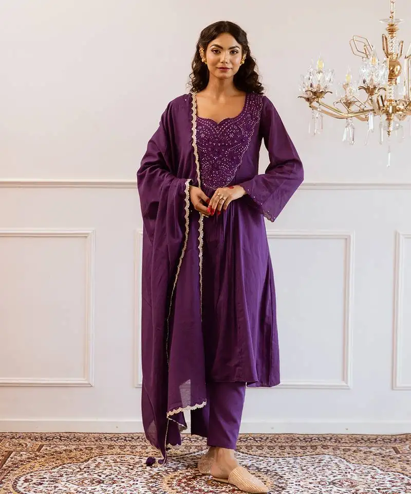 Purple yoke anarkali suit set