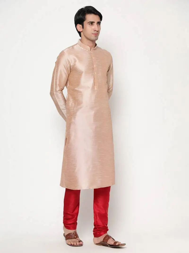 Beige dupion silk plain men's kurta with pyjama