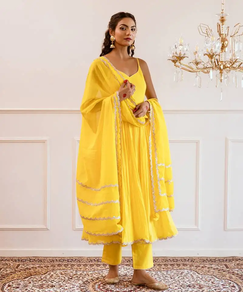Yellow strappy anarkali suit set