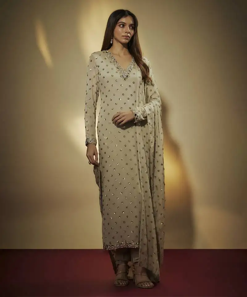 Grey sequins and mirror embroidered suit set with sequins dupatta