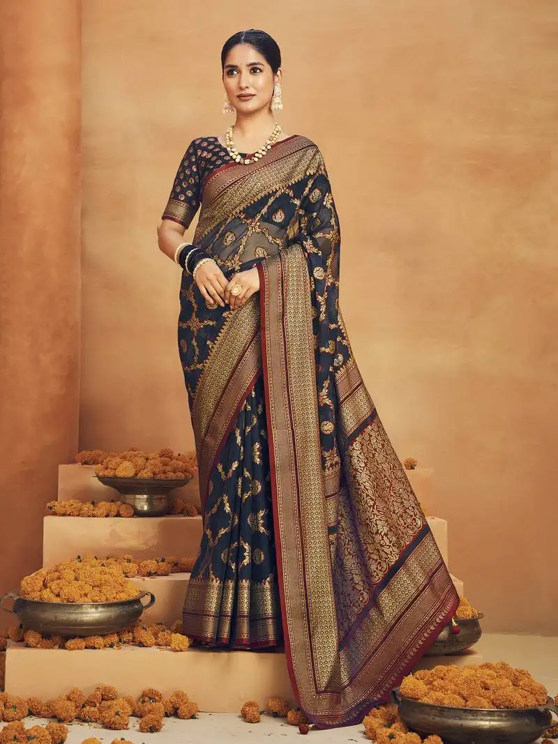Navy blue poly viscose georgette woven banarasi designer saree
