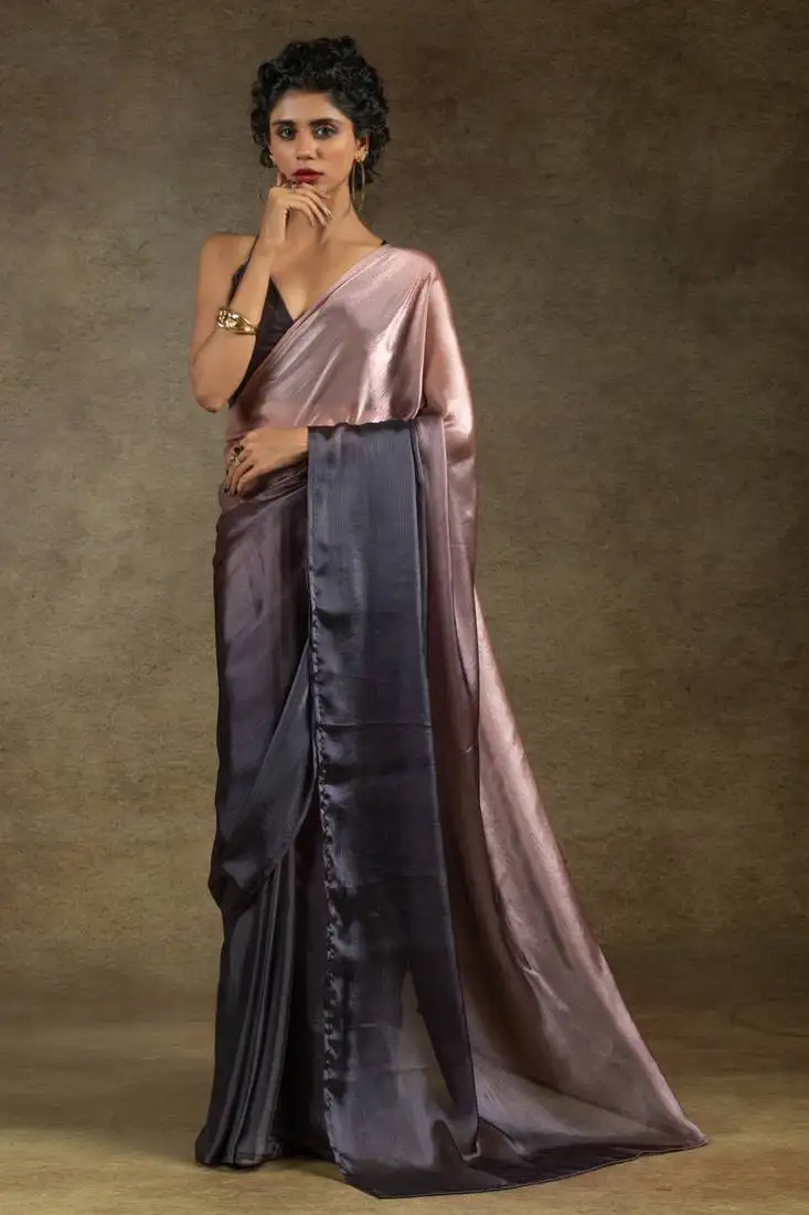 Peach ready to wear satin silk pre stitched saree with matching blouse piece