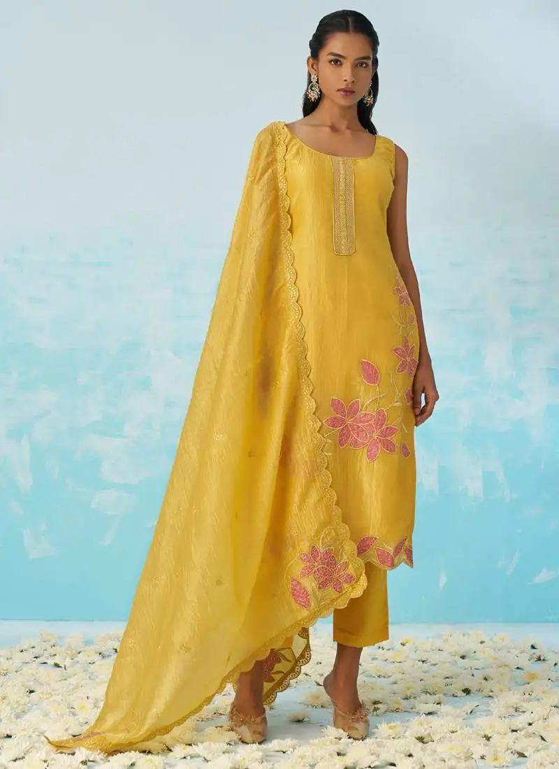 Yellow silk embroidered deigner salwar suuit stitched