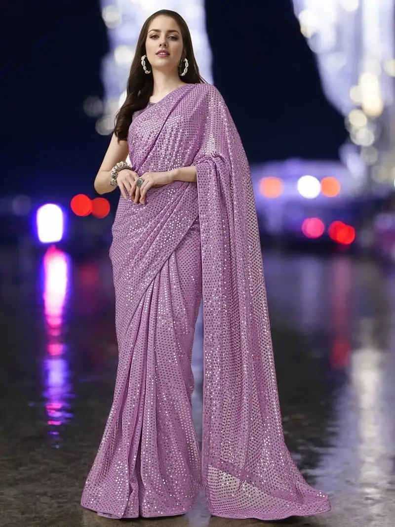 Lavender georgette sequins work saree with unstitched blouse piece