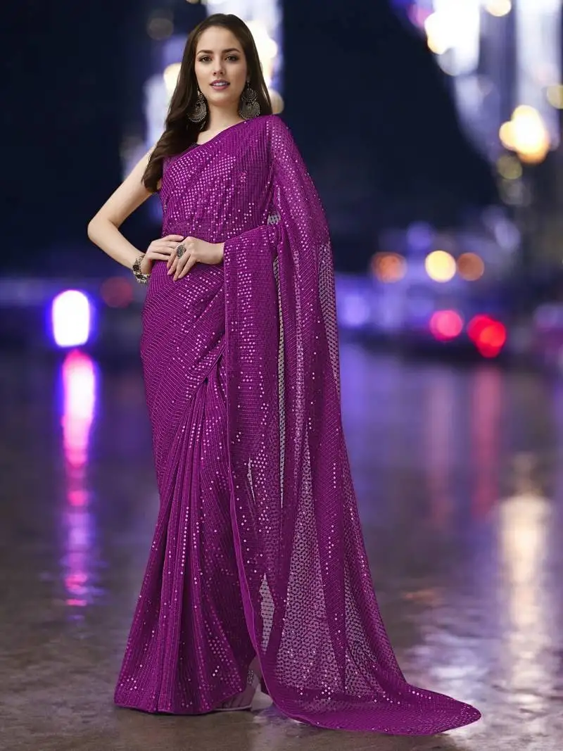 Magenta georgette sequins work saree with unstitched blouse piece